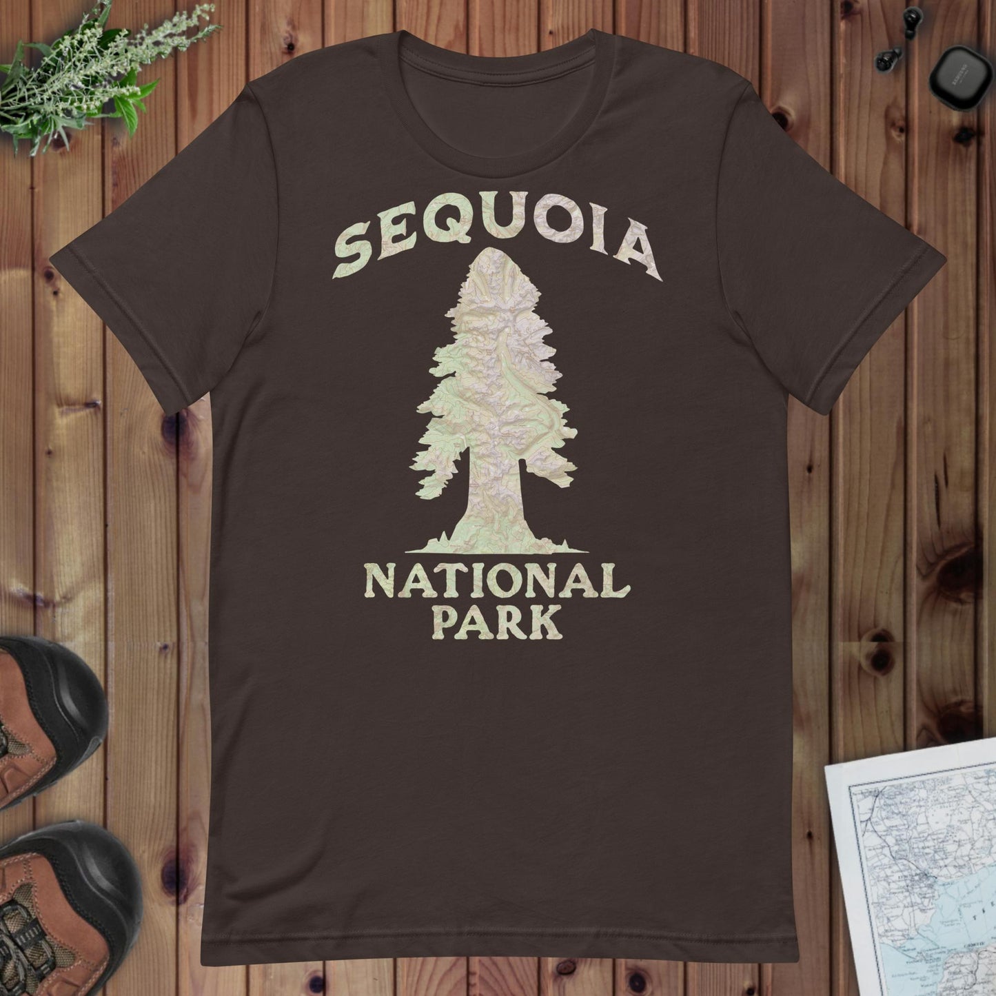 Sequoia Big Tree national park topo t-shirt shown in lifestyle or modeled setting