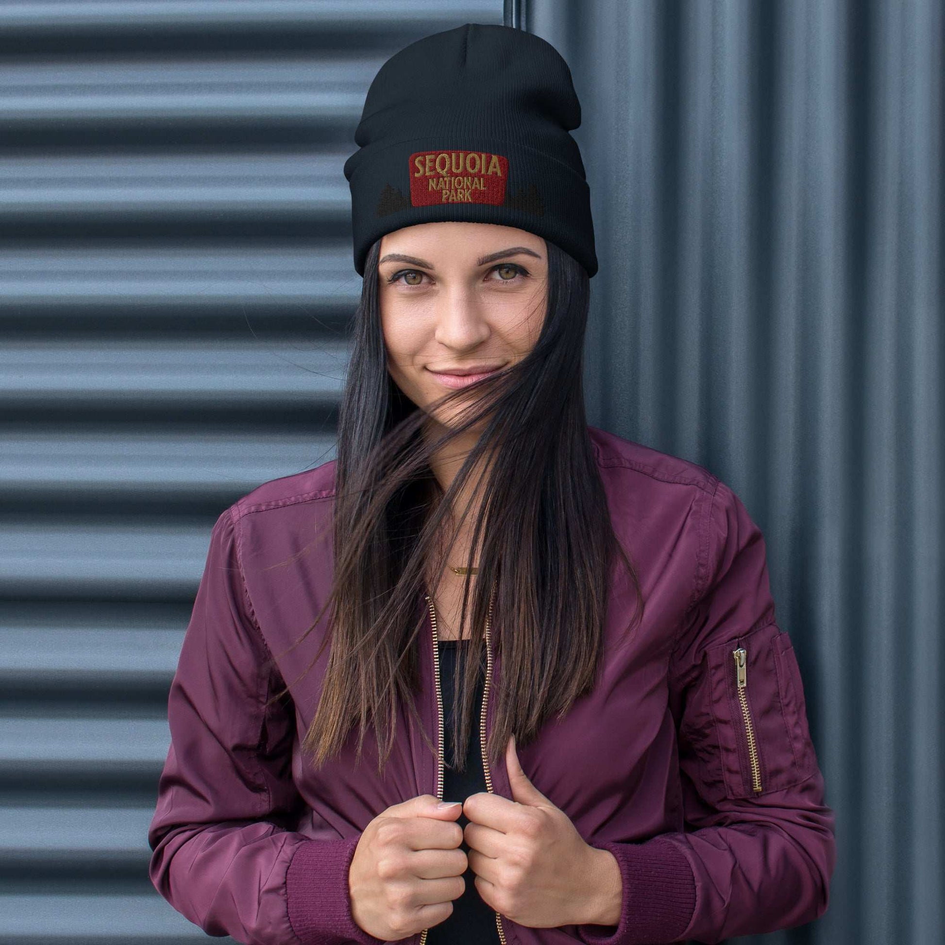 Sequoia National Park sign embroidered beanie shown in lifestyle or modeled setting