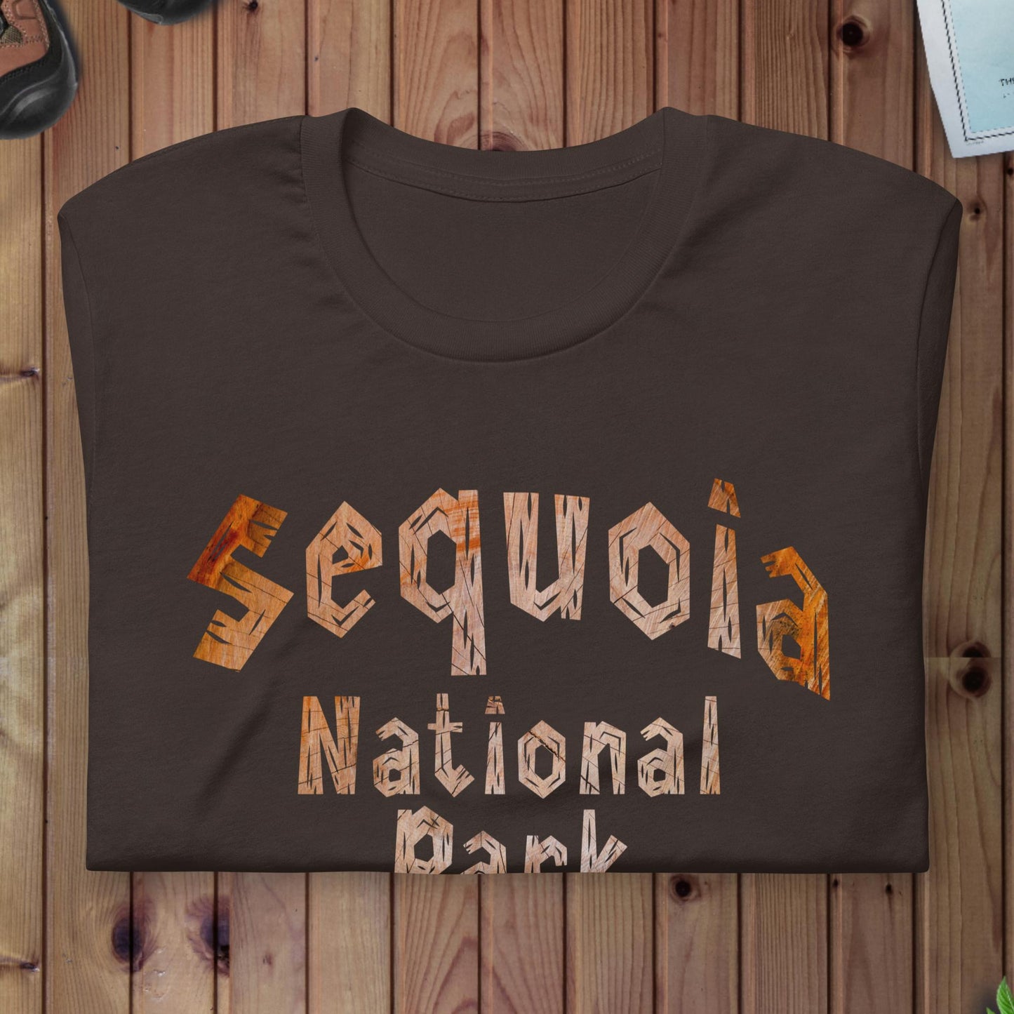 Sequoia National Park wood grain text t-shirt shown in lifestyle or modeled setting