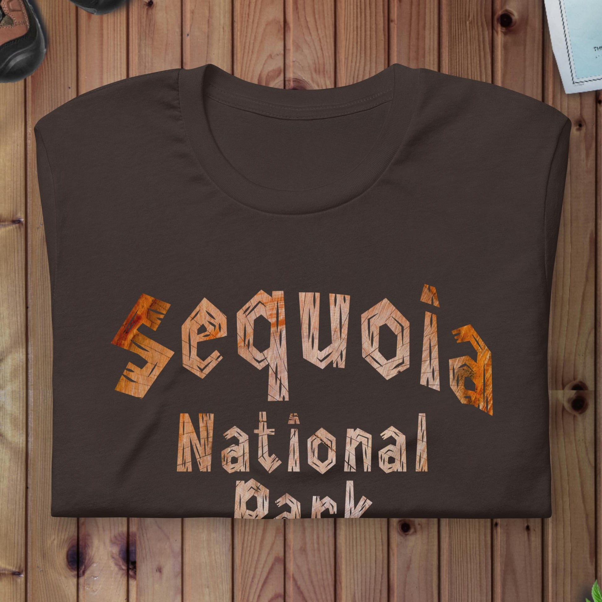 Sequoia National Park wood grain text t-shirt shown in lifestyle or modeled setting