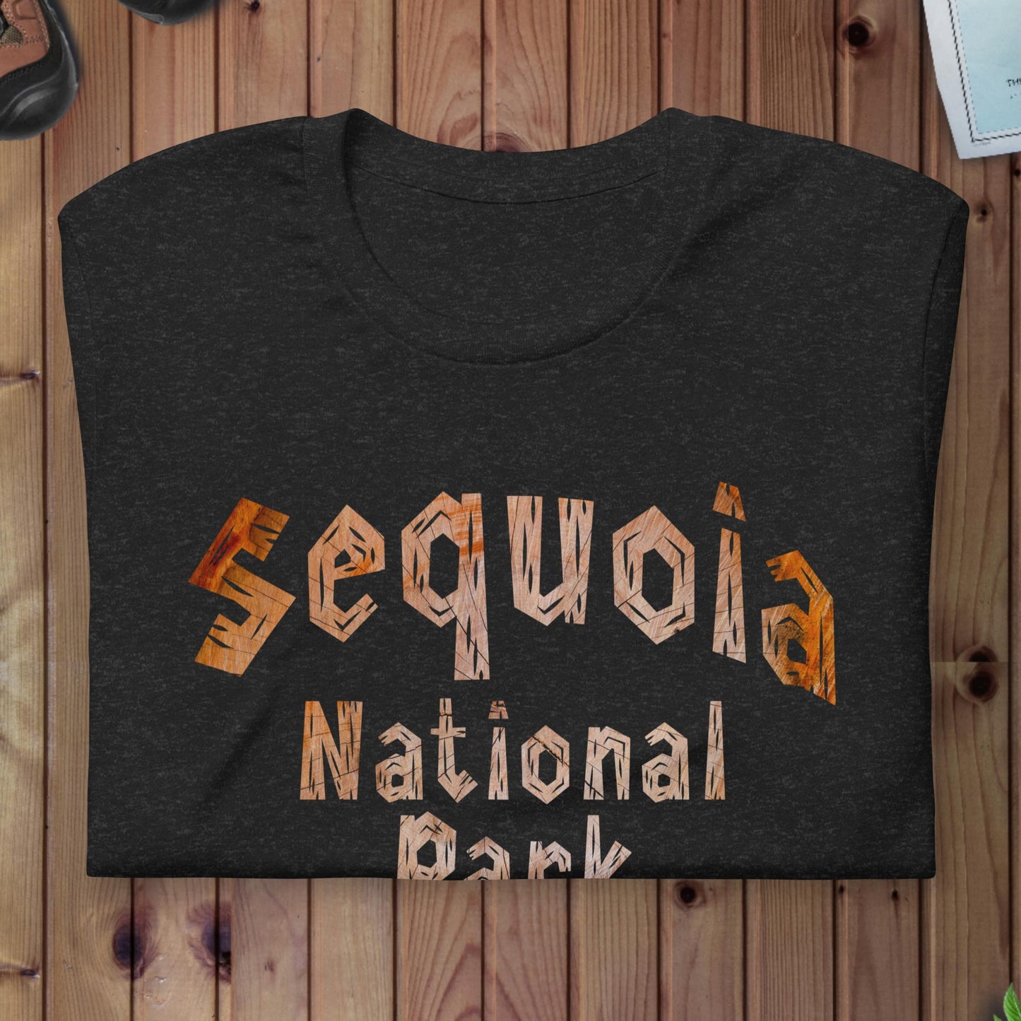 Sequoia National Park wood grain text t-shirt shown in lifestyle or modeled setting