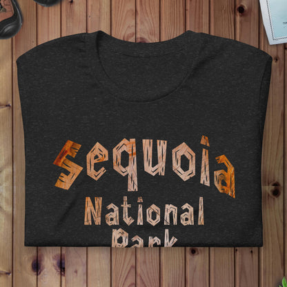Sequoia National Park wood grain text t-shirt shown in lifestyle or modeled setting