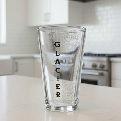 Clear glass with 'Glacier National Park' etching on a white background