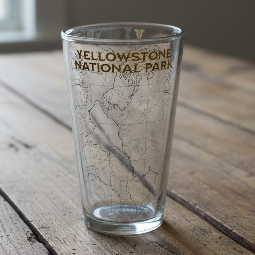 Clear glass with 'Yellowstone National Park' text on a wooden surface