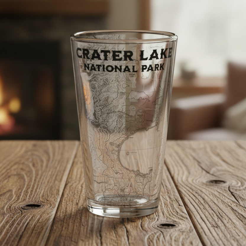 Clear glass with 'Crater Lake National Park' text and map engraving on a white background