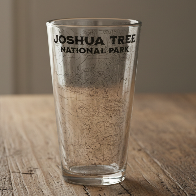 Clear glass with 'Joshua Tree National Park' text on a wooden surface