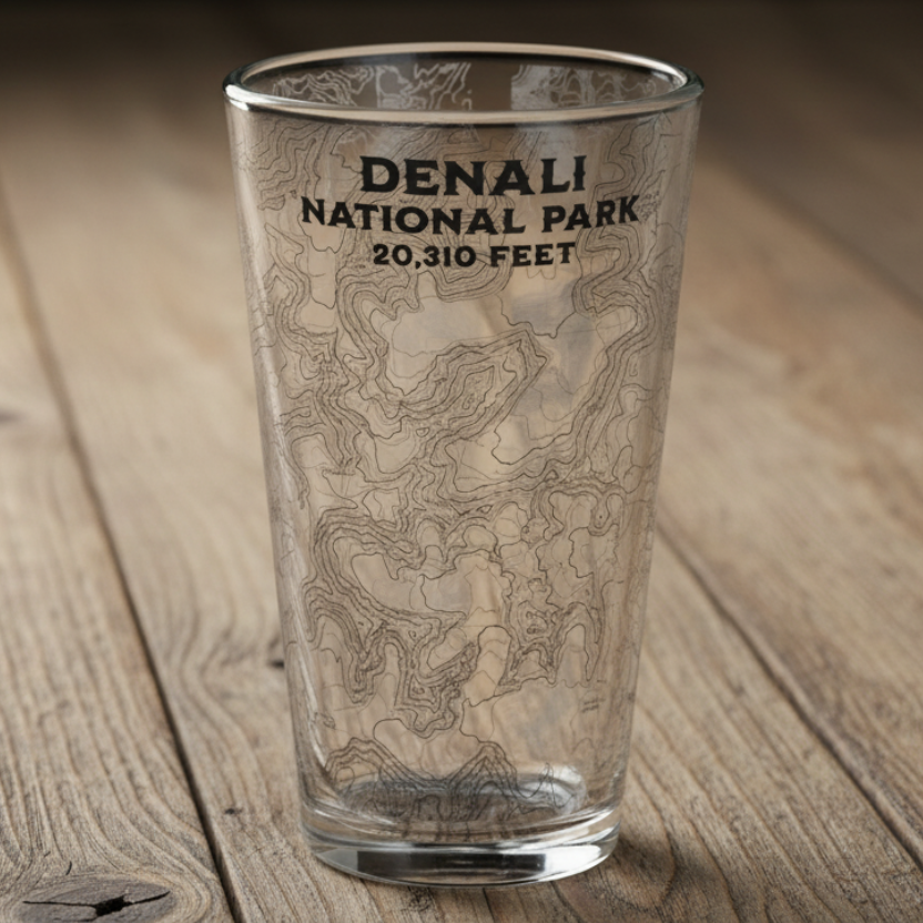 Clear glass with topographic design and 'Denali National Park 20,310 Feet' text on a wooden surface