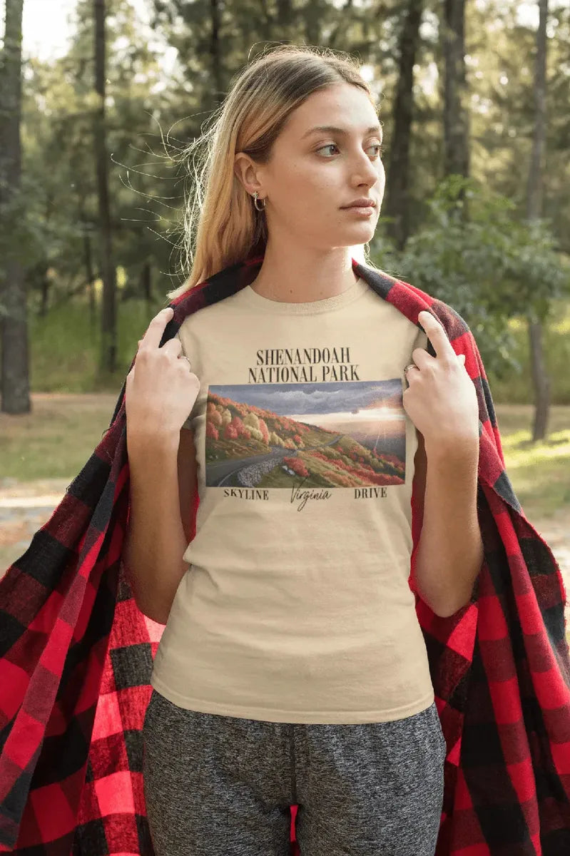 Shenandoah National Park Skyline Drive postcard graphic t-shirt shown in lifestyle or modeled setting
