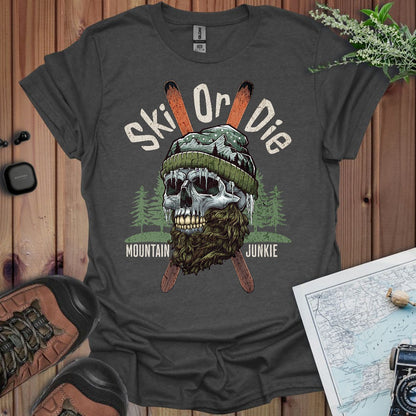 Ski Or Die mountain junkie skull graphic t-shirt shown from alternate product angle
