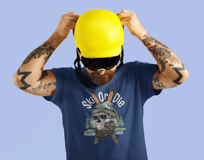 Ski Or Die mountain junkie skull graphic t-shirt shown in lifestyle or modeled setting