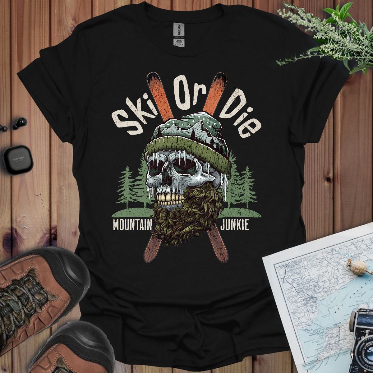 Ski Or Die mountain junkie skull graphic t-shirt shown in lifestyle or modeled setting