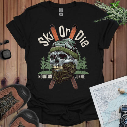 Ski Or Die mountain junkie skull graphic t-shirt shown in lifestyle or modeled setting