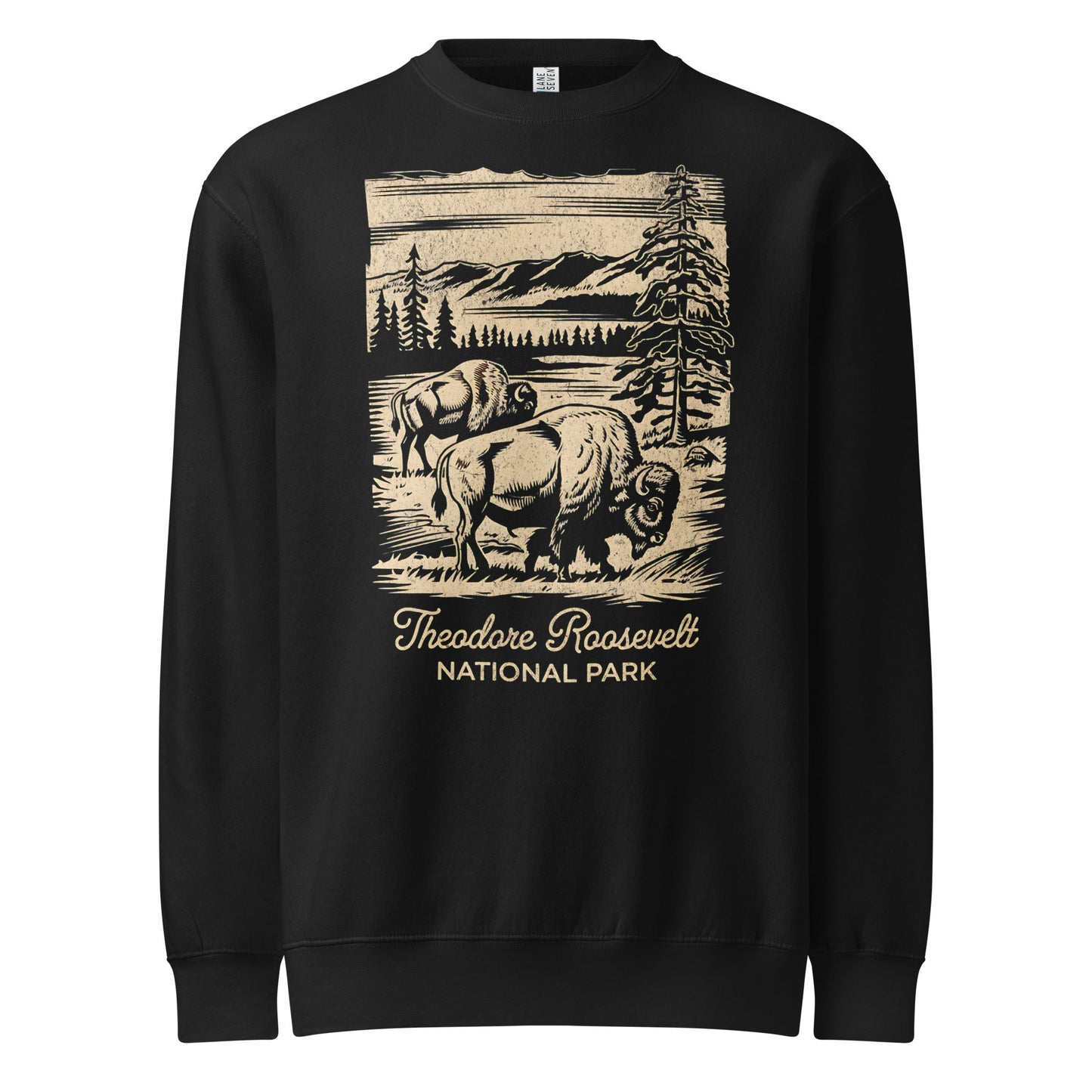 Theodore Roosevelt bison heavyweight fleece crewneck shown in lifestyle or modeled setting