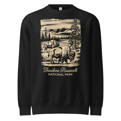 Theodore Roosevelt bison heavyweight fleece crewneck shown in lifestyle or modeled setting