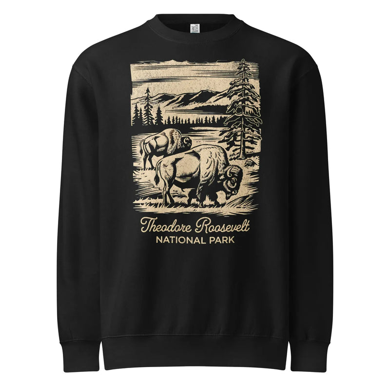 Theodore Roosevelt bison heavyweight fleece crewneck shown in lifestyle or modeled setting