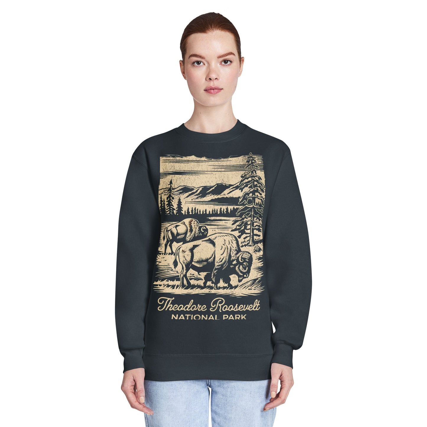 Theodore Roosevelt bison heavyweight fleece crewneck shown in lifestyle or modeled setting