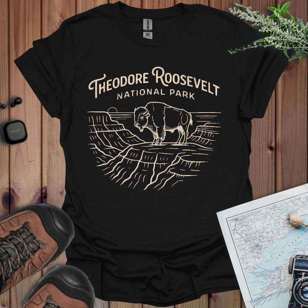 Theodore Roosevelt National Park line art graphic t-shirt shown in lifestyle or modeled setting
