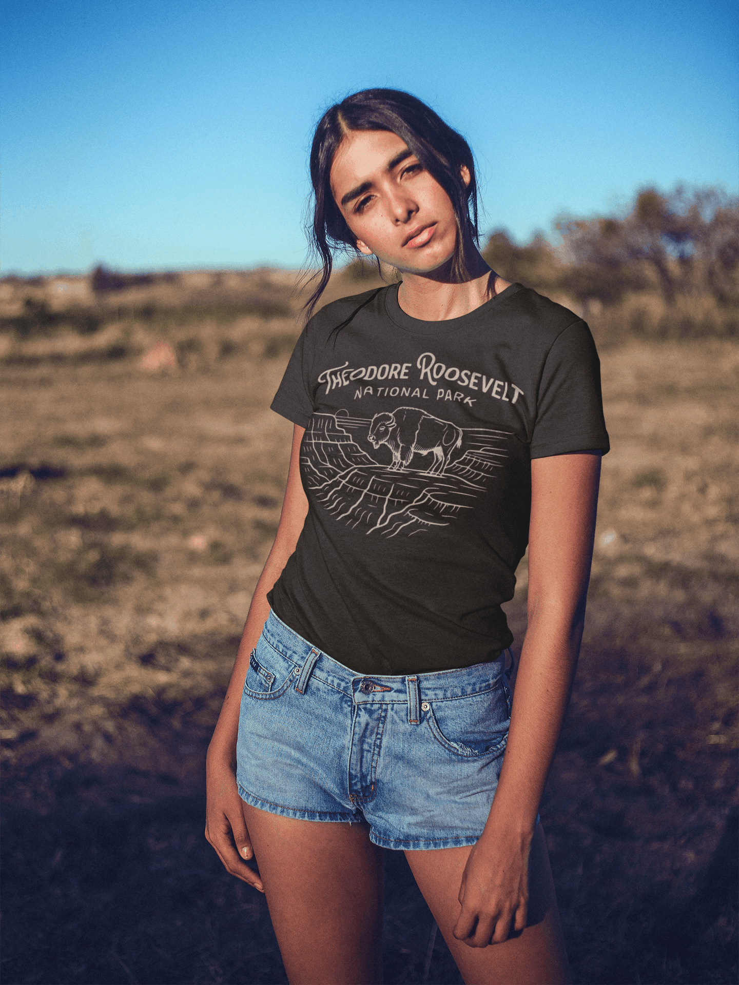 Theodore Roosevelt National Park line art graphic t-shirt shown in lifestyle or modeled setting