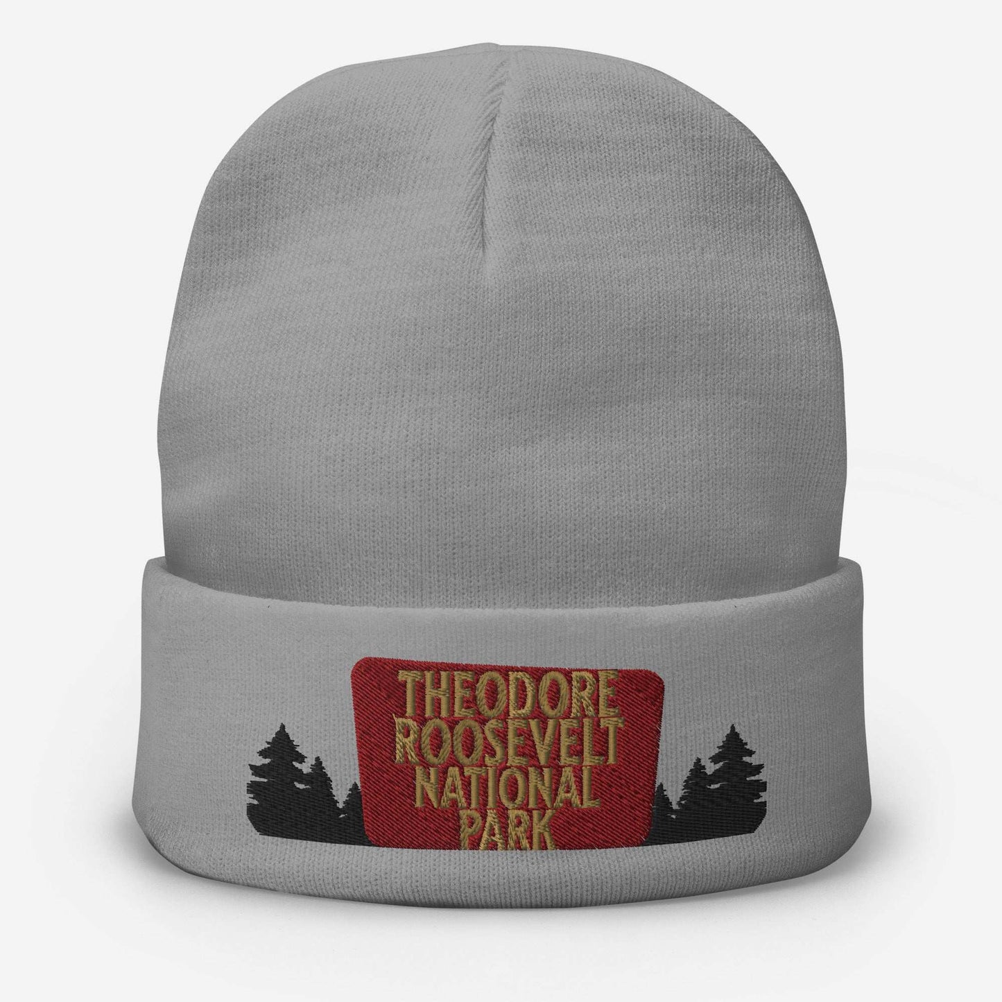 Theodore Roosevelt National Park sign embroidered beanie shown in lifestyle or modeled setting