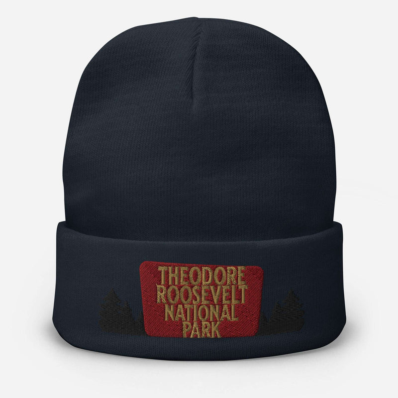 Theodore Roosevelt National Park sign embroidered beanie shown in lifestyle or modeled setting