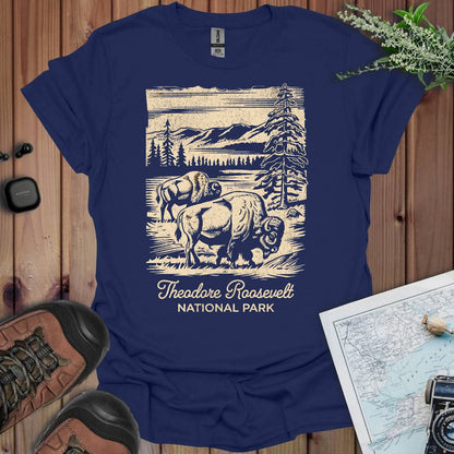 Theodore Roosevelt National Park western buffalo graphic t-shirt shown from alternate product angle