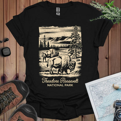 Theodore Roosevelt National Park western buffalo graphic t-shirt shown in lifestyle or modeled setting