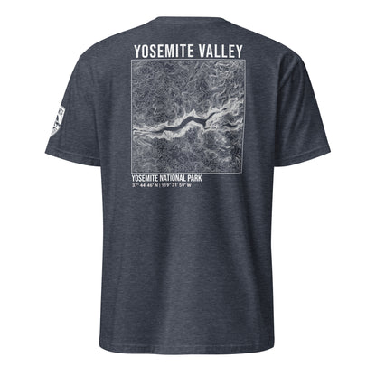 Yosemite Valley Topographic T-shirt Back/ Sleeve Print in Heather Navy