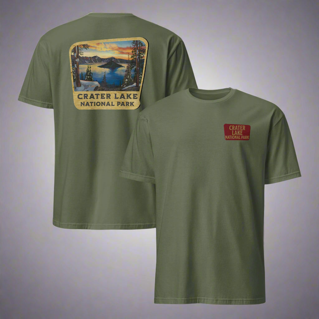 Crater Lake National Park Sign Embroidered T-Shirt Park Service Apparel Military Green S