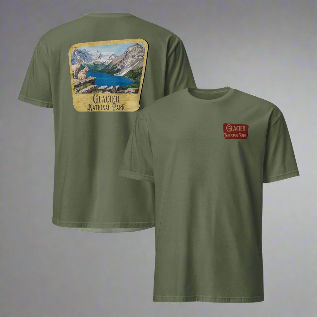 Glacier National Park Sign Unisex T-shirt Embroidered T-Shirt Park Service Apparel Military Green S