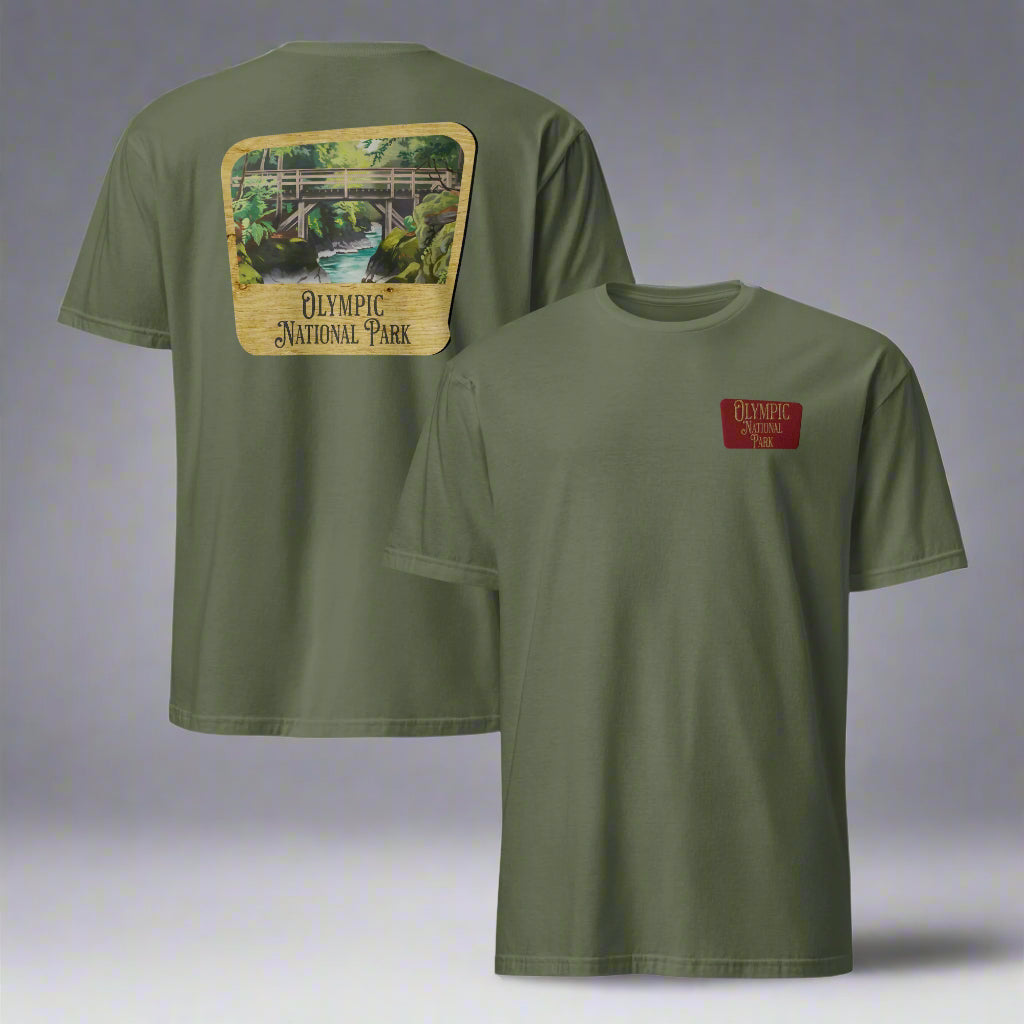 Olympic National Park Sign Unisex T-Shirt Embroidered Front T-Shirt Park Service Apparel Military Green S