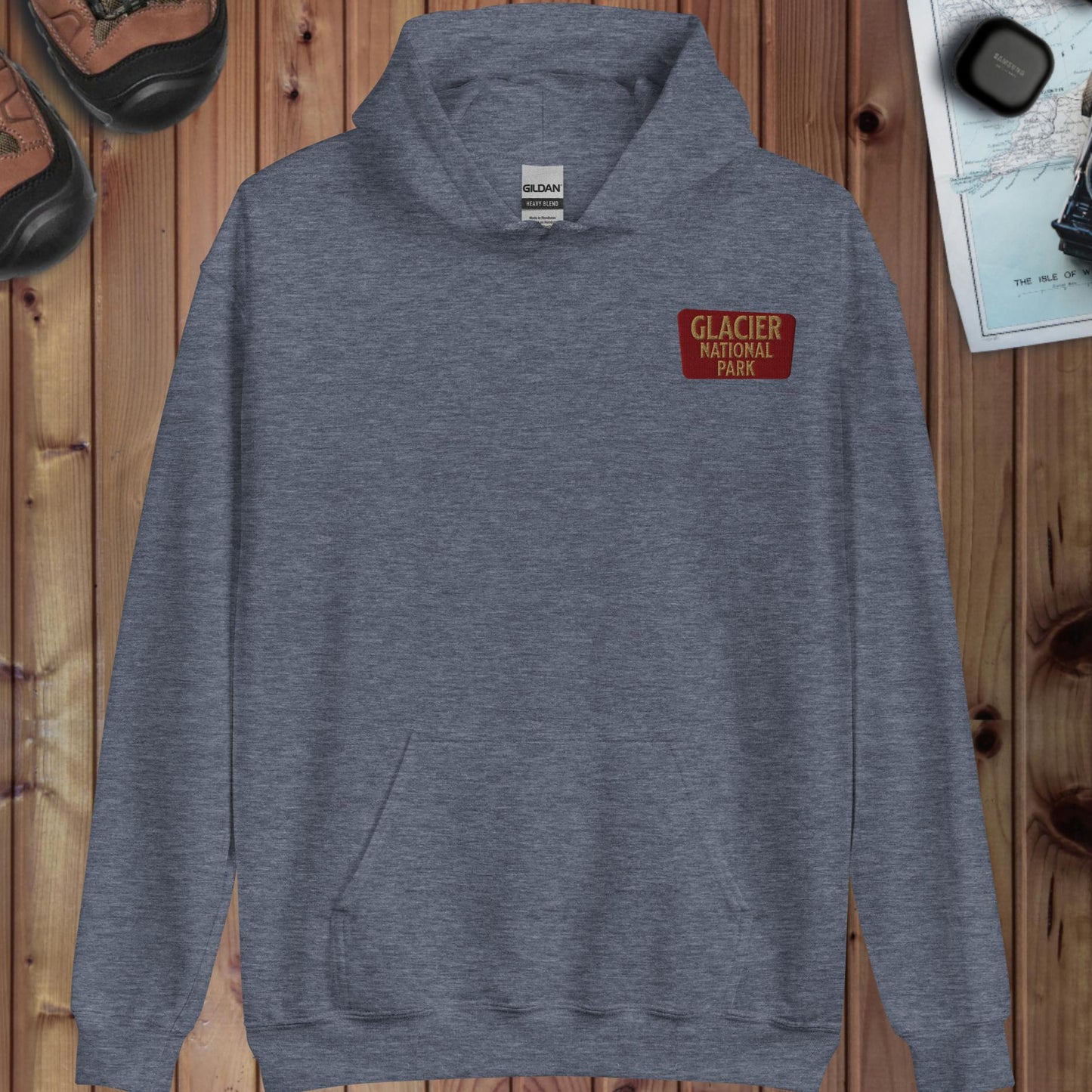 Glacier National Park Sign Hoodie Sun Road Back Hoodie Park Service Apparel Heather Sport Dark Navy S