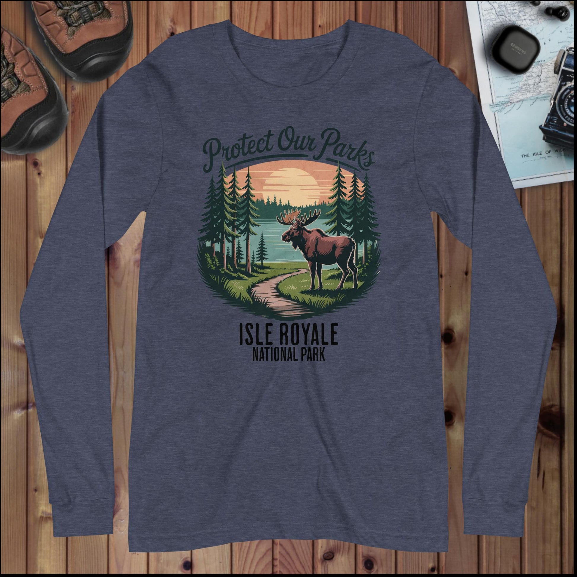 Protect Our Parks Isle Royale Long Sleeve T-shirt Long-sleeve Park Service Apparel Heather Navy XS