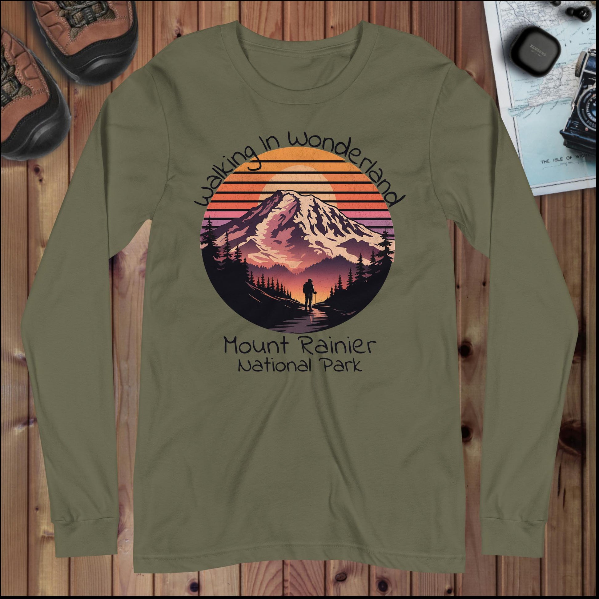 Walking In Wonderland Mt. Rainier Long Sleeve Tee Long-sleeve Park Service Apparel Military Green XS