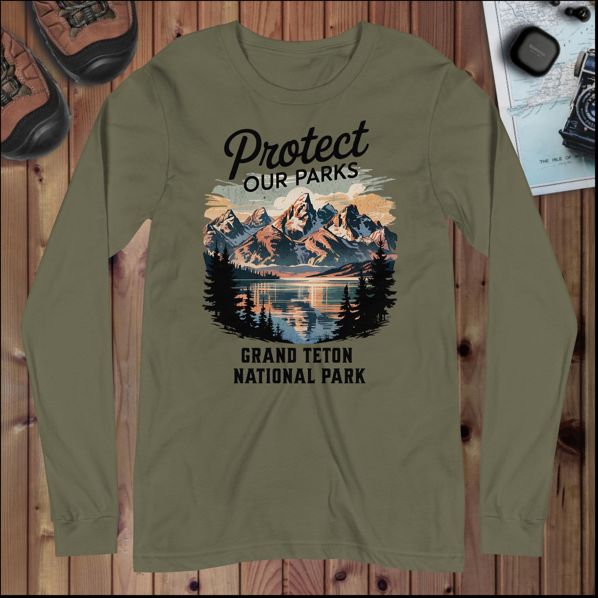 Protect Our Parks Grand Teton Long Sleeve T-shirt Long-sleeve Park Service Apparel Military Green XS