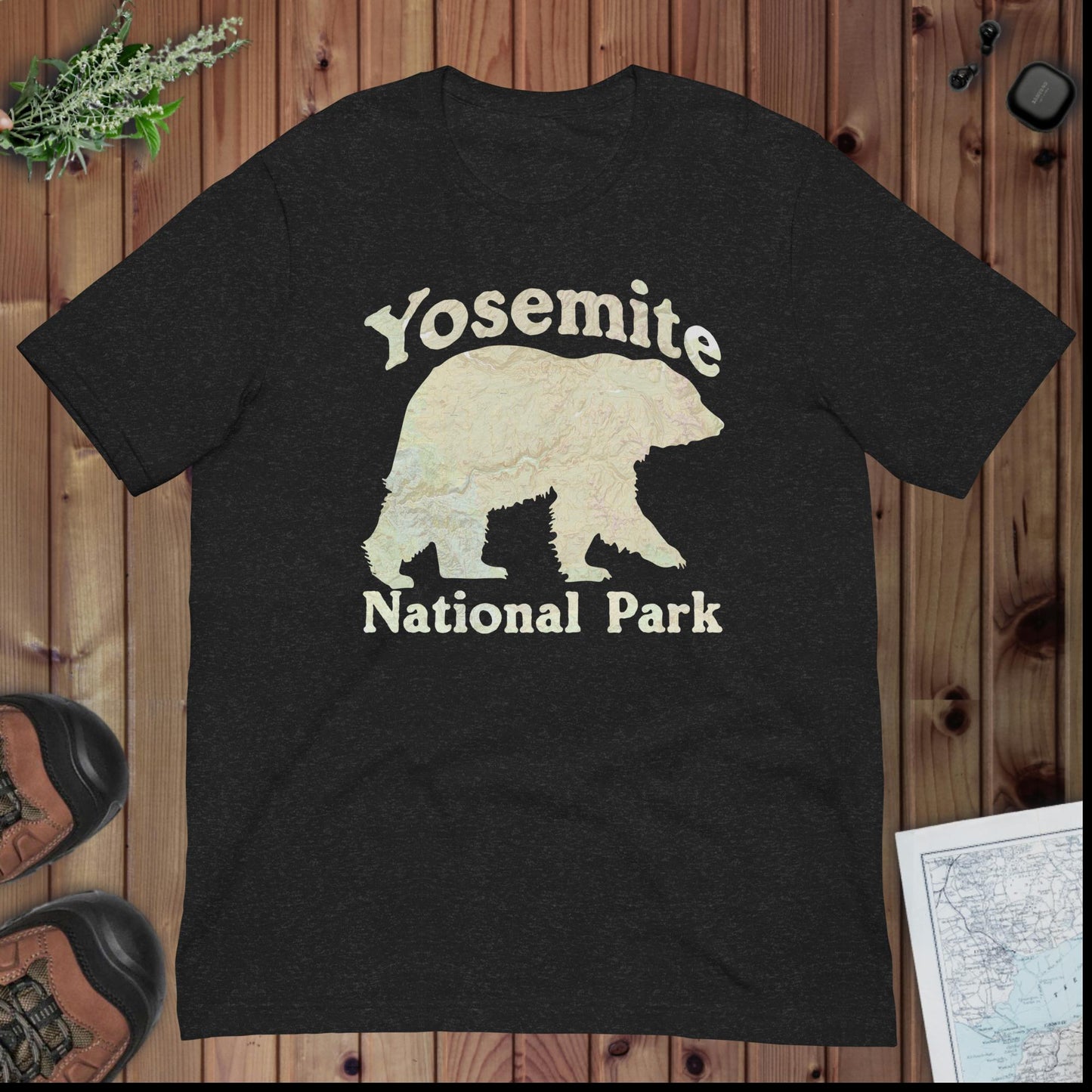Yosemite Topo Bear T-shirt Park Service Apparel Black Heather XS