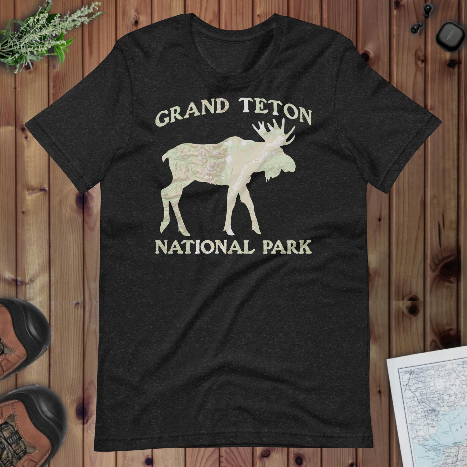 Grand Teton Moose Topo T-shirt T-Shirt Park Service Apparel Black Heather XS