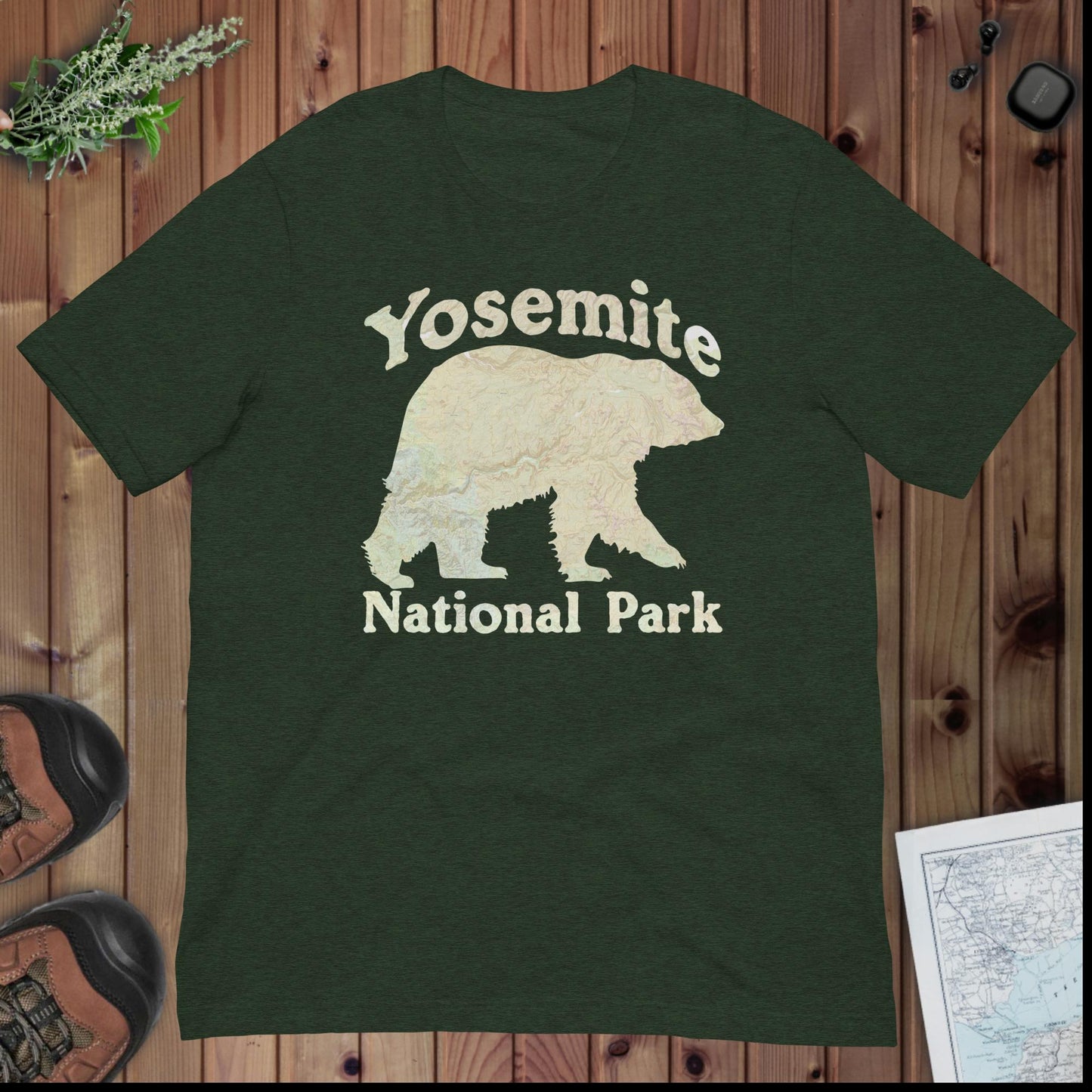 Yosemite Topo Bear T-shirt Park Service Apparel Heather Emerald XS