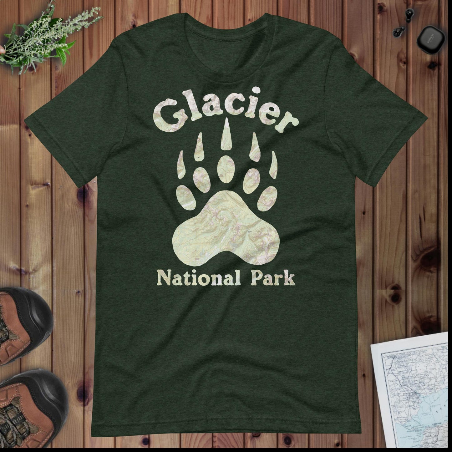 Glacier Grizzly Paw Topo Map T-shirt Park Service Apparel Heather Emerald XS
