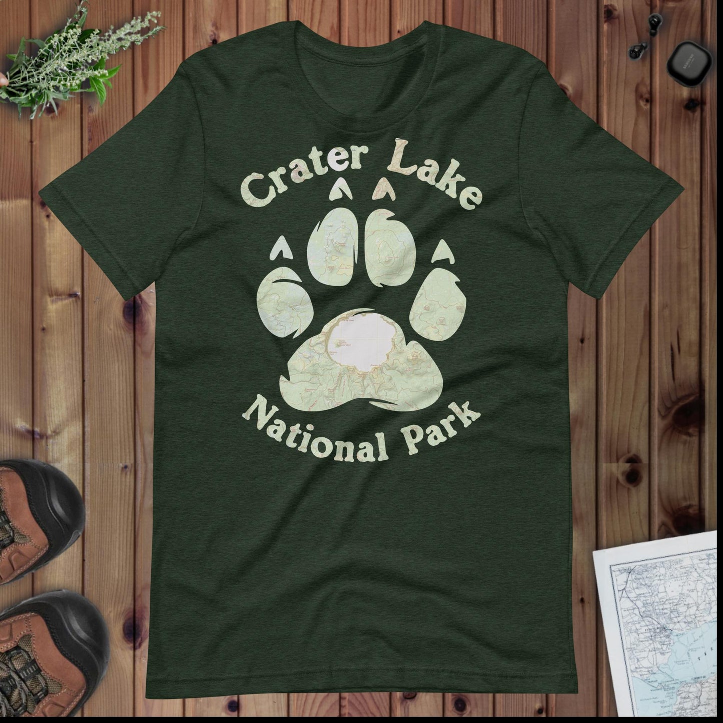 Crater Lake Bear Paw Topo T-shirt T-Shirt Park Service Apparel Heather Emerald XS