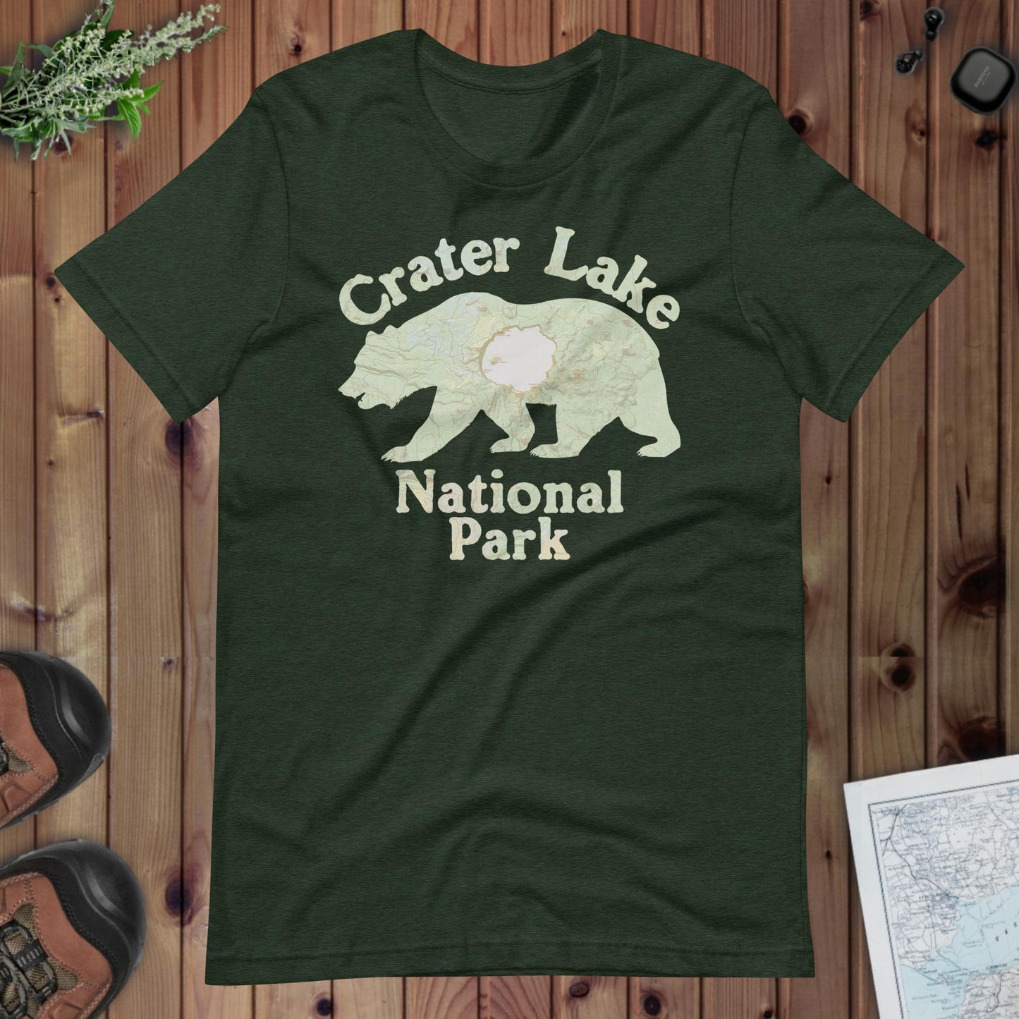 Crater Lake Bear Topo T-shirt T-Shirt Park Service Apparel Heather Emerald XS
