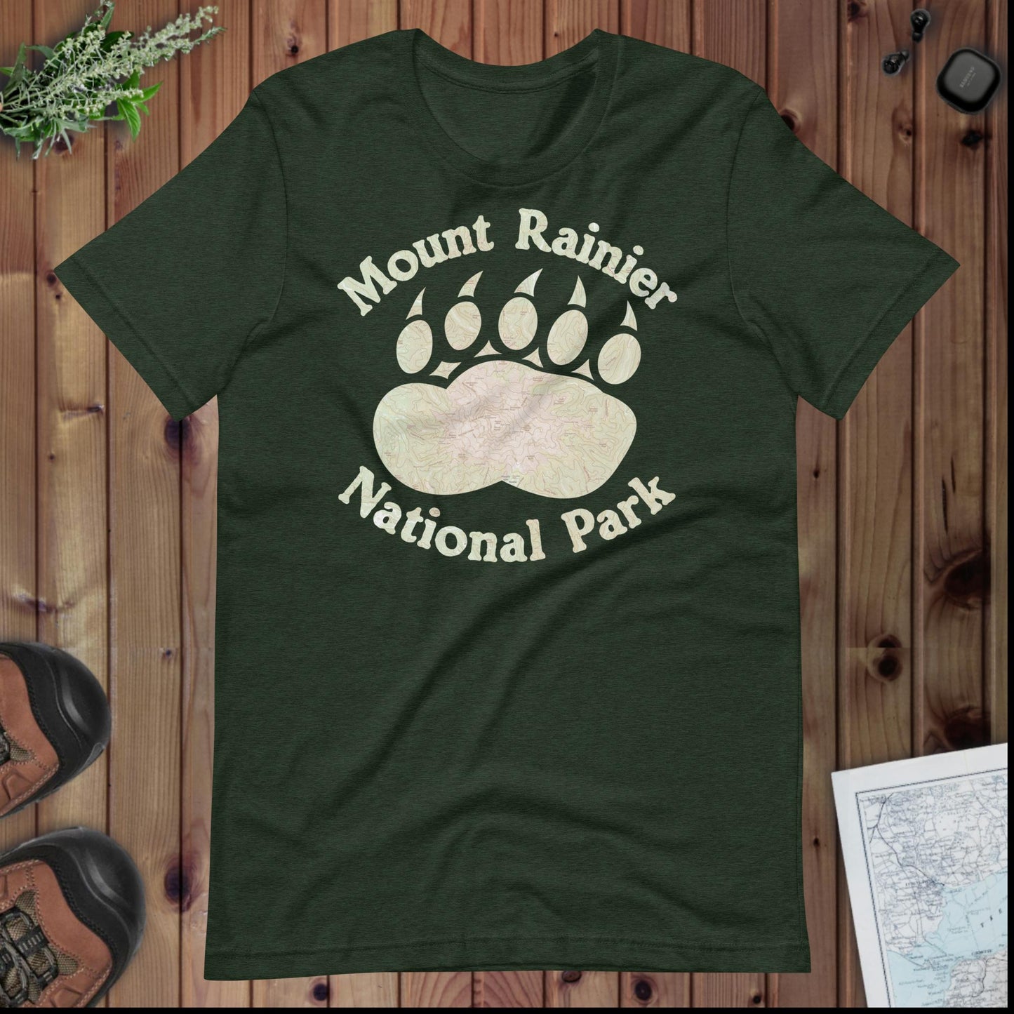 Rainier Bear Paw Topo T-shirt T-Shirt Park Service Apparel Heather Emerald XS
