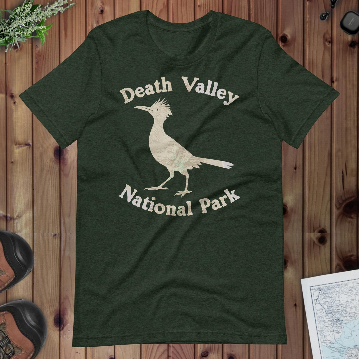 Death Valley Roadrunner Topo T-shirt T-Shirt Park Service Apparel Heather Emerald XS
