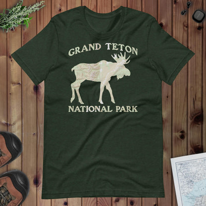 Grand Teton Moose Topo T-shirt T-Shirt Park Service Apparel Heather Emerald XS