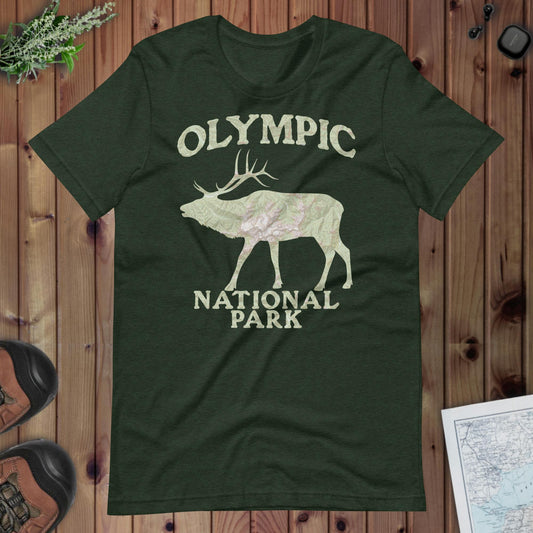 Olympic Elk Topo T-shirt Park Service Apparel Heather Emerald XS