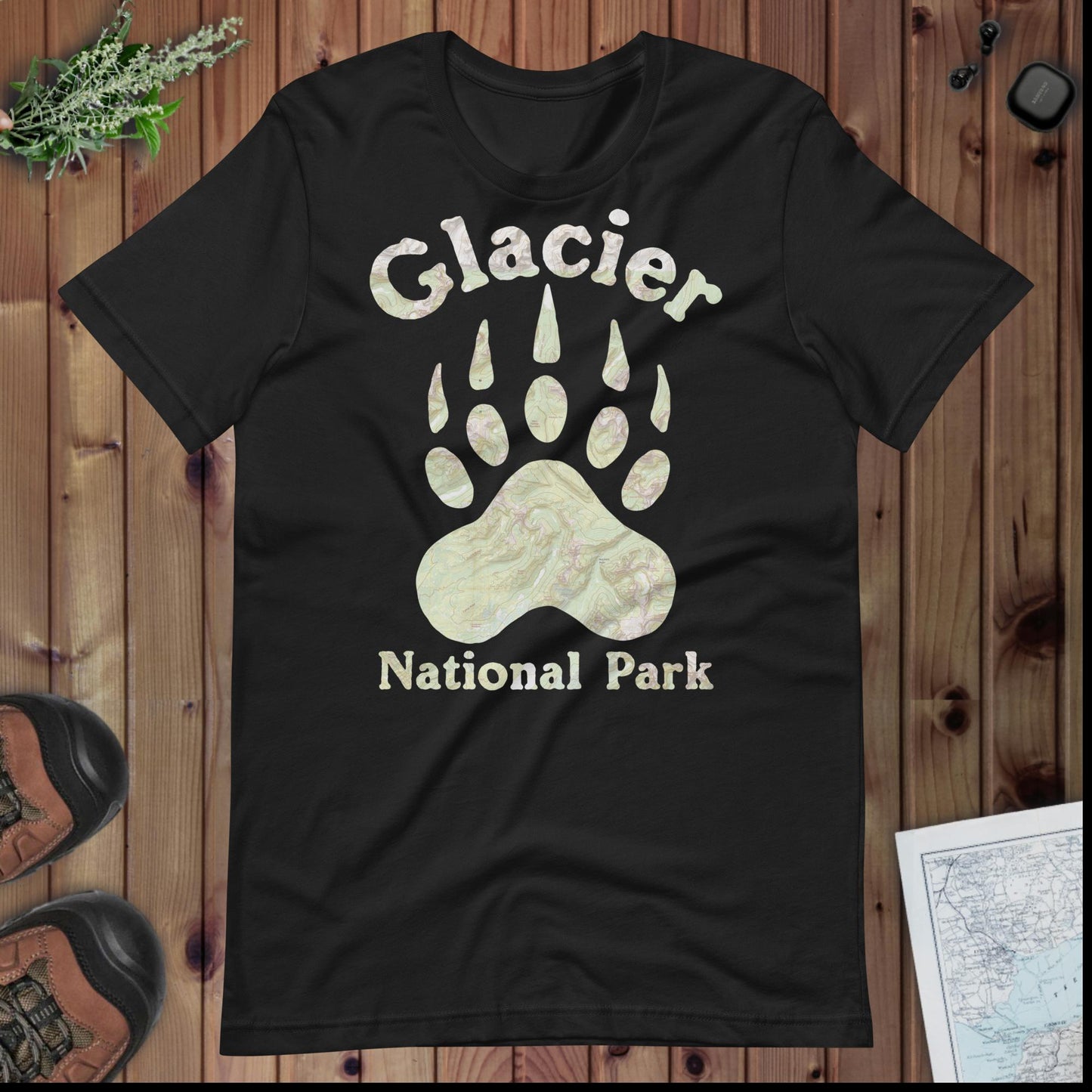 Glacier Grizzly Paw Topo Map T-shirt Park Service Apparel Vintage Black XS