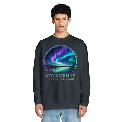 Voyageurs aurora borealis crewneck sweatshirt shown in lifestyle or modeled setting