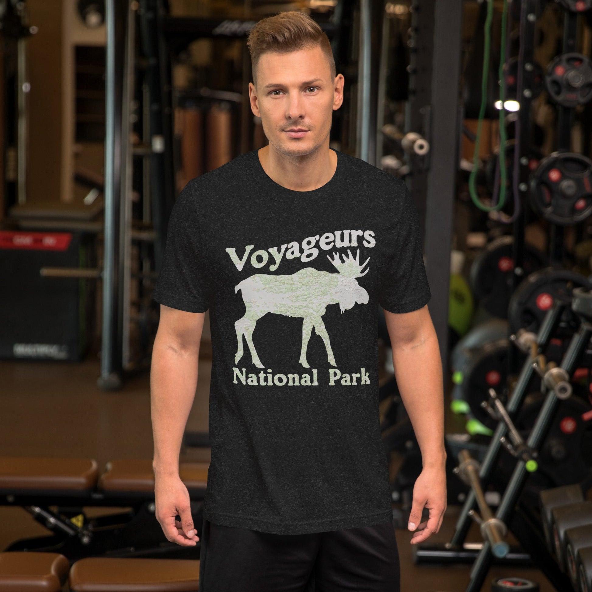 Voyageurs Moose national park topo t-shirt shown in lifestyle or modeled setting