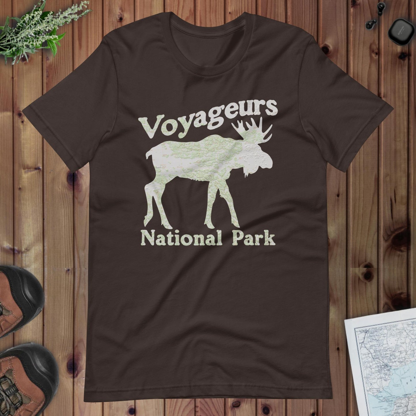 Voyageurs Moose national park topo t-shirt shown in lifestyle or modeled setting
