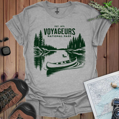 Voyageurs National Park canoe art graphic t-shirt shown in lifestyle or modeled setting