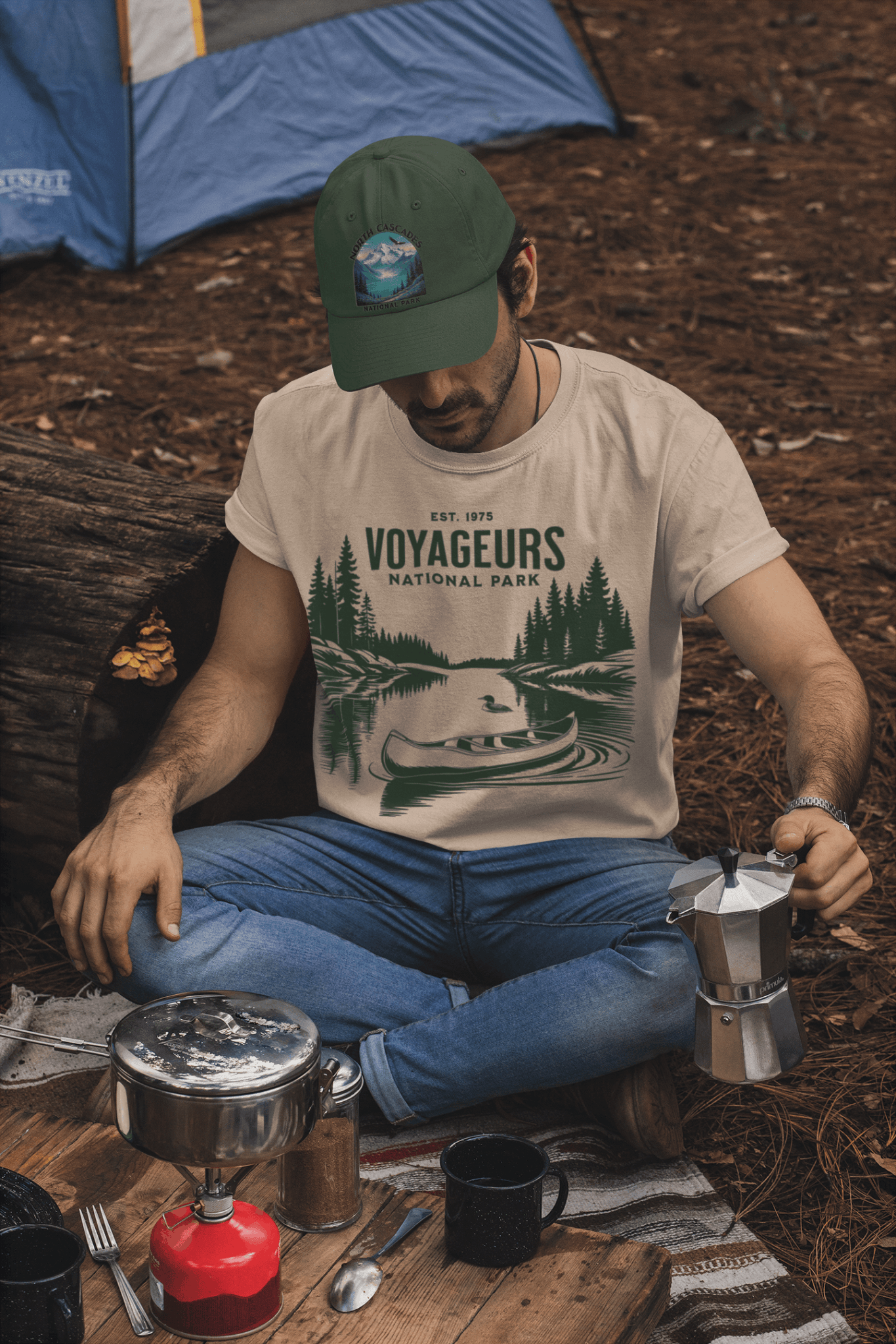 Voyageurs National Park canoe art graphic t-shirt shown in lifestyle or modeled setting